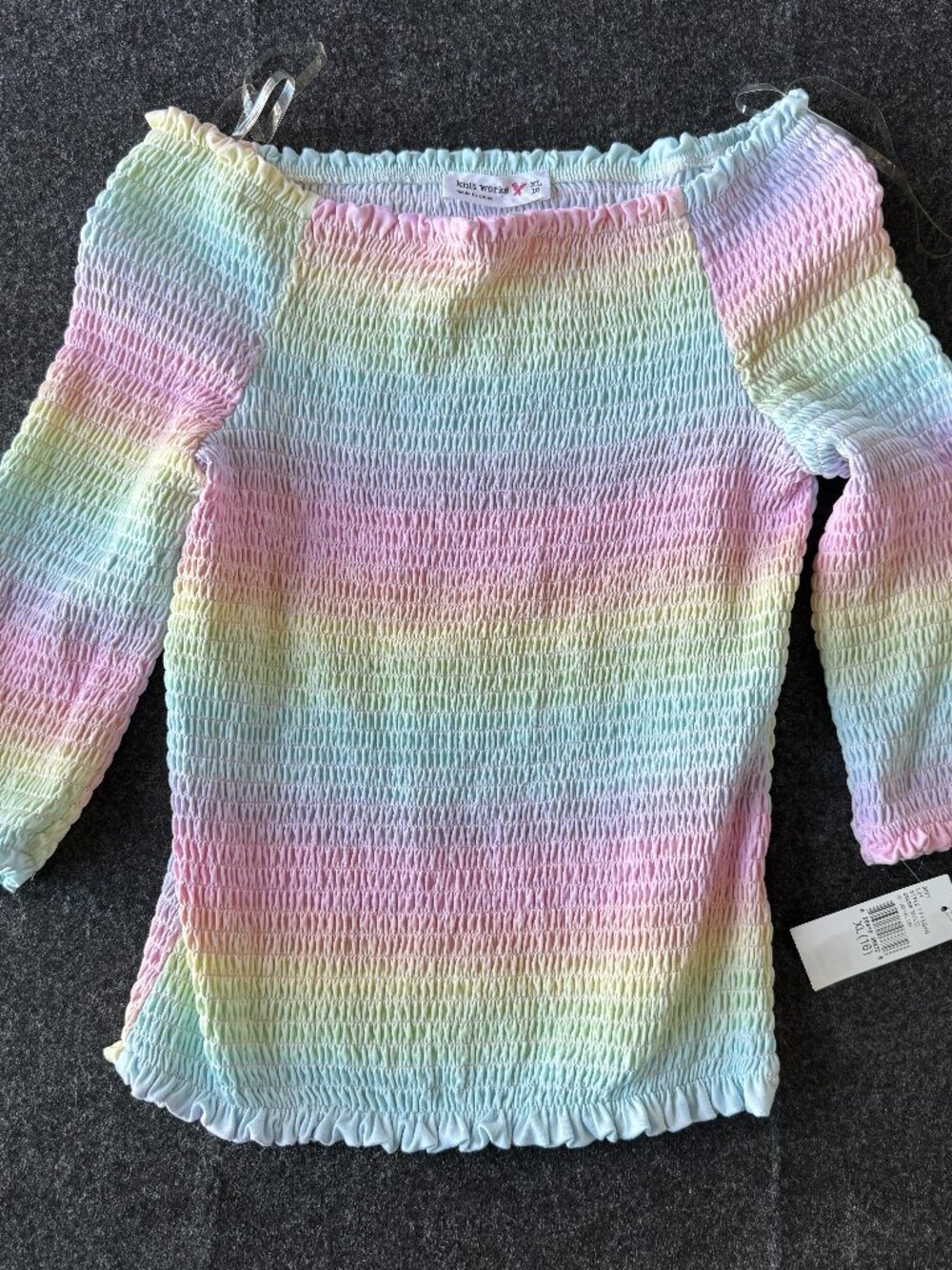 NWT Knit Works Girls XL 16 Pastel Rainbow Smocked Off Shoulder Top